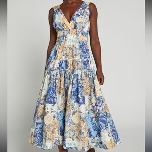 Showpo Blue and Tan Ruched Tiered Sundress